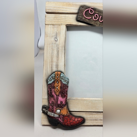 River Edge Products Light Wood Cowgirls Western Boots Texas Star Photo Frame - Picture 4 of 10